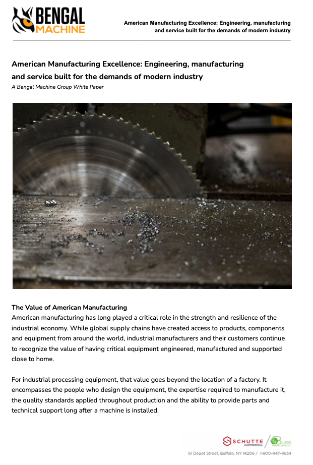 Industrial metalworking scene: a circular saw cutting metal with chips scattered on the worktable behind it.